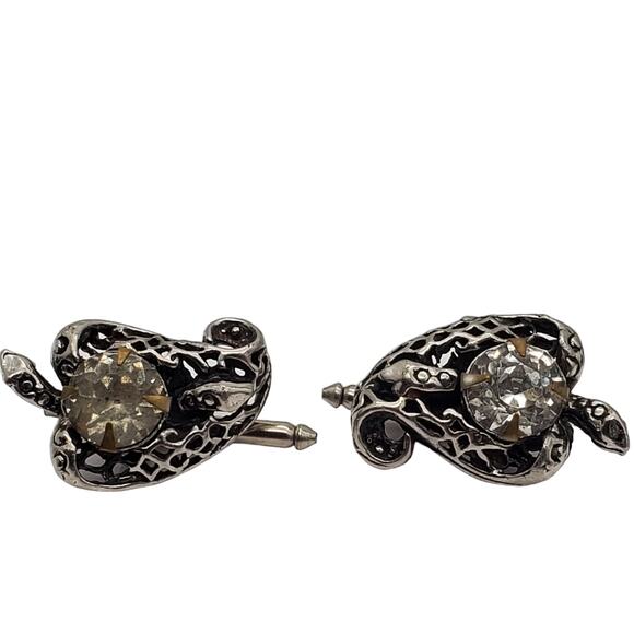 Snake Reptile Crystal Tuxedo Shirt Buttons Cufflinks Silver Tone Rhinestone Vtg - Picture 2 of 11